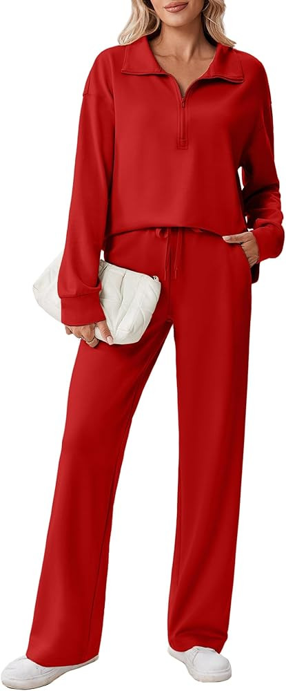 PINSPARK 2 Piece Sets for Women 1/2 Zip Sweatsuit Loose Fit Sweatshirt Straight Leg Pants 2025 Ma... | Amazon (US)
