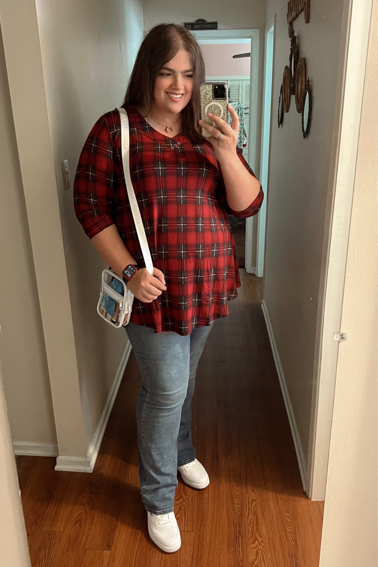 Red plaid shirt, clear crossbody bag, glitter phone case, white shoes

#LTKcurves #LTKFind