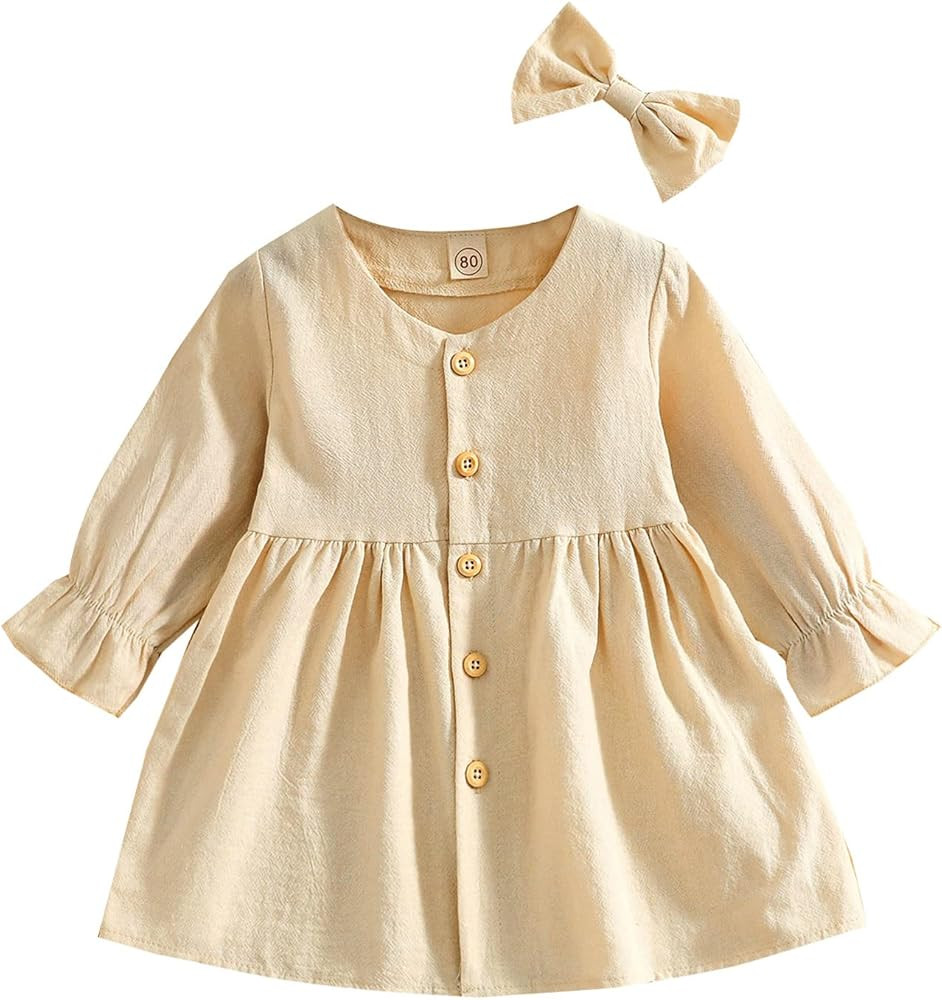 VISGOGO Baby Kids Girl Dresses Outfit Solid Color Long Sleeves Single-Breasted Dress + Headband 2... | Amazon (US)
