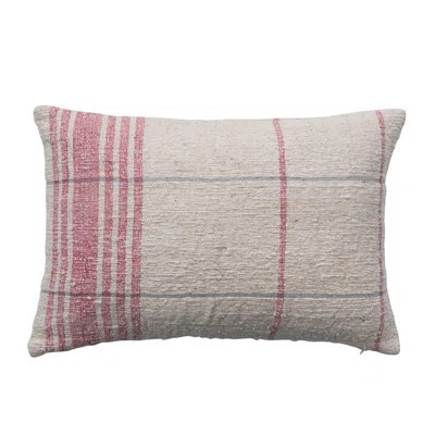 24 Inches Woven Cotton Slub Lumbar Pillow with Grid Pattern, Natural and Red | Wayfair North America