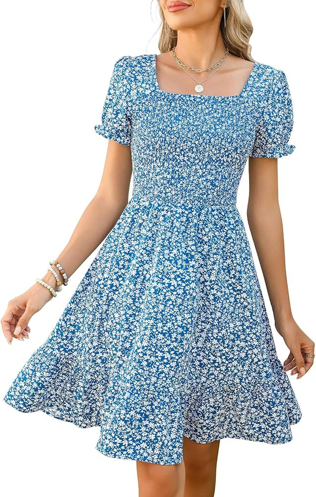 Lyrur Women's Short Sleeve Summer Dresses 2026 Spring Casual Square Neck Easter Dress A-Line Tier... | Amazon (US)