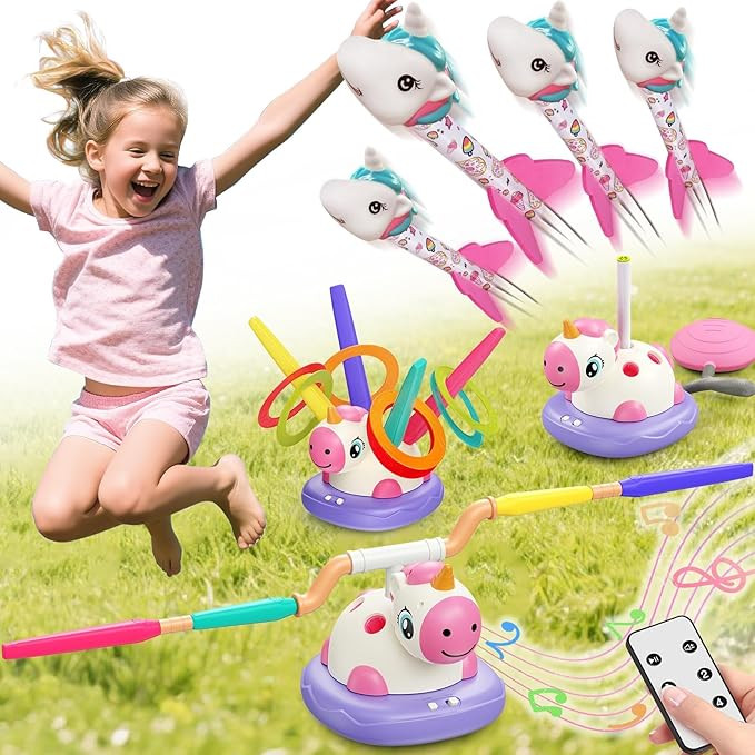 3 in 1 Unicorn Rocket Launcher, Ring Toss & Musical Jump, Outdoor Jumping Spinning Toy for Kids A... | Amazon (US)