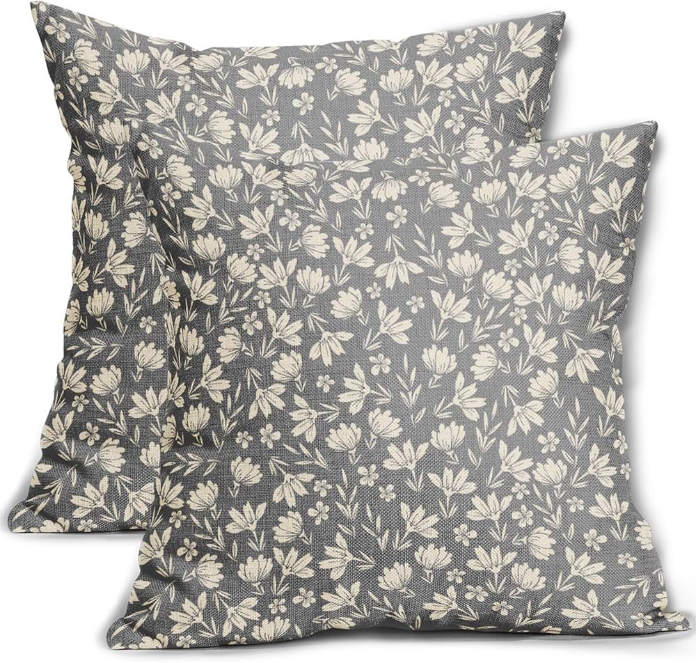 Grey Gray Pillow Covers 18x18 Set of 2 Vintage Floral Rustic Old Style Cute Flower Print Decorati... | Amazon (US)