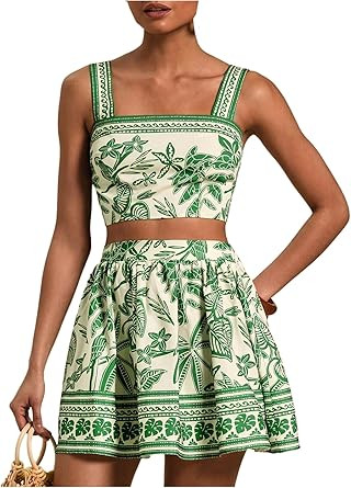Floerns Women's Two Piece Outfit Tropical Crop Cami Top and Summer Skirts Set | Amazon (US)