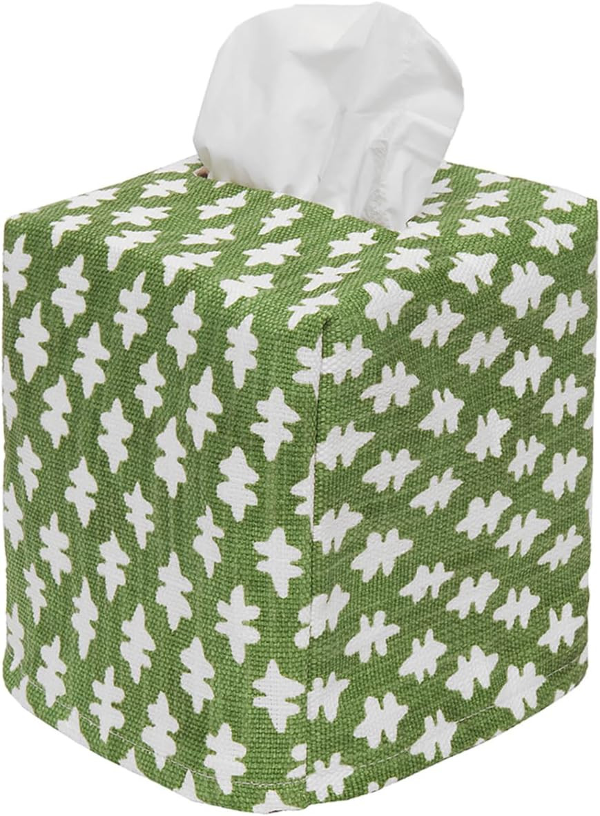 Fabric Tissue Box Cover, Tissue Holder Slipcover, Slips Over Square Cube Cardboard Facial Tissue Boxes Green Blockprint Decorative Cotton Fabric, Made in USA | Amazon (US)