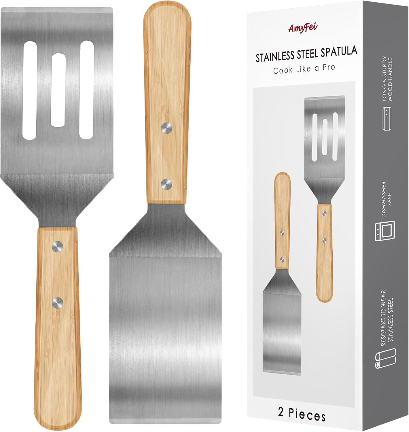 2PCS Stainless Steel Spatula,Wooden Handle Metal Spatula for Steak,Burgers | Amazon (US)