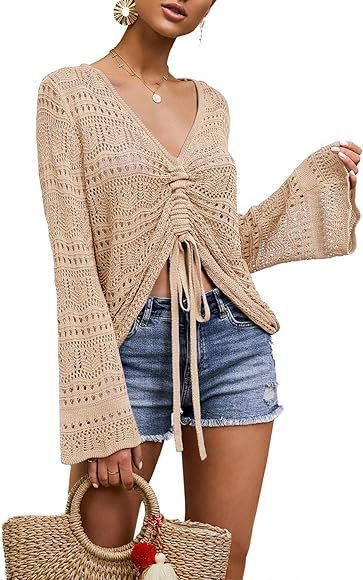 Saodimallsu Womens Boho Off Shoulder Sheer Crop Tops Bell Sleeve Flowy Oversized Crochet Ruched P... | Amazon (CA)