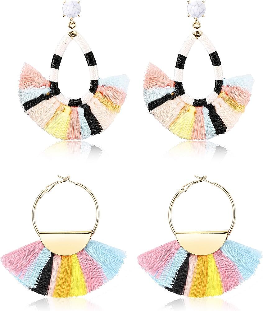 Finrezio 2 Pairs Women's Beaded Tassel Earrings Long Fringe Drop Bohemian Dangle Earrings (Color ... | Amazon (US)