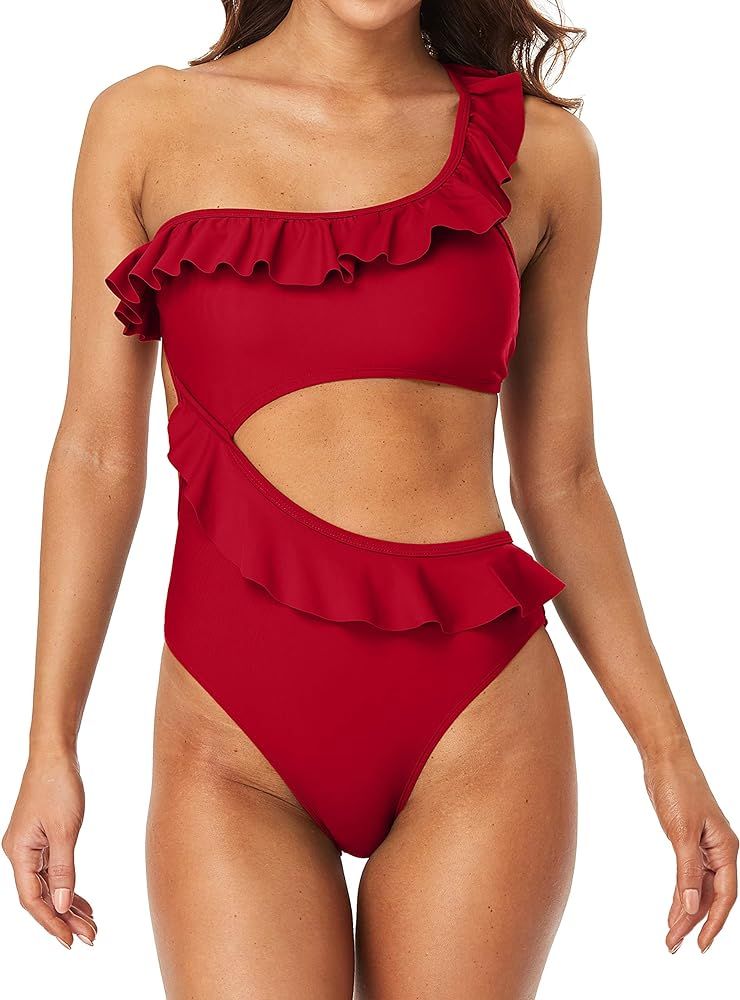 Sociala Women's One Piece Swimsuits Asymmetric Ruffle One Shoulder Cutout Monokini | Amazon (US)