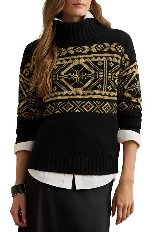 Lauren Ralph Lauren Fair Isle Turtleneck Sweater in Black/Relic Gold Metallic at Nordstrom, Size Large | Nordstrom