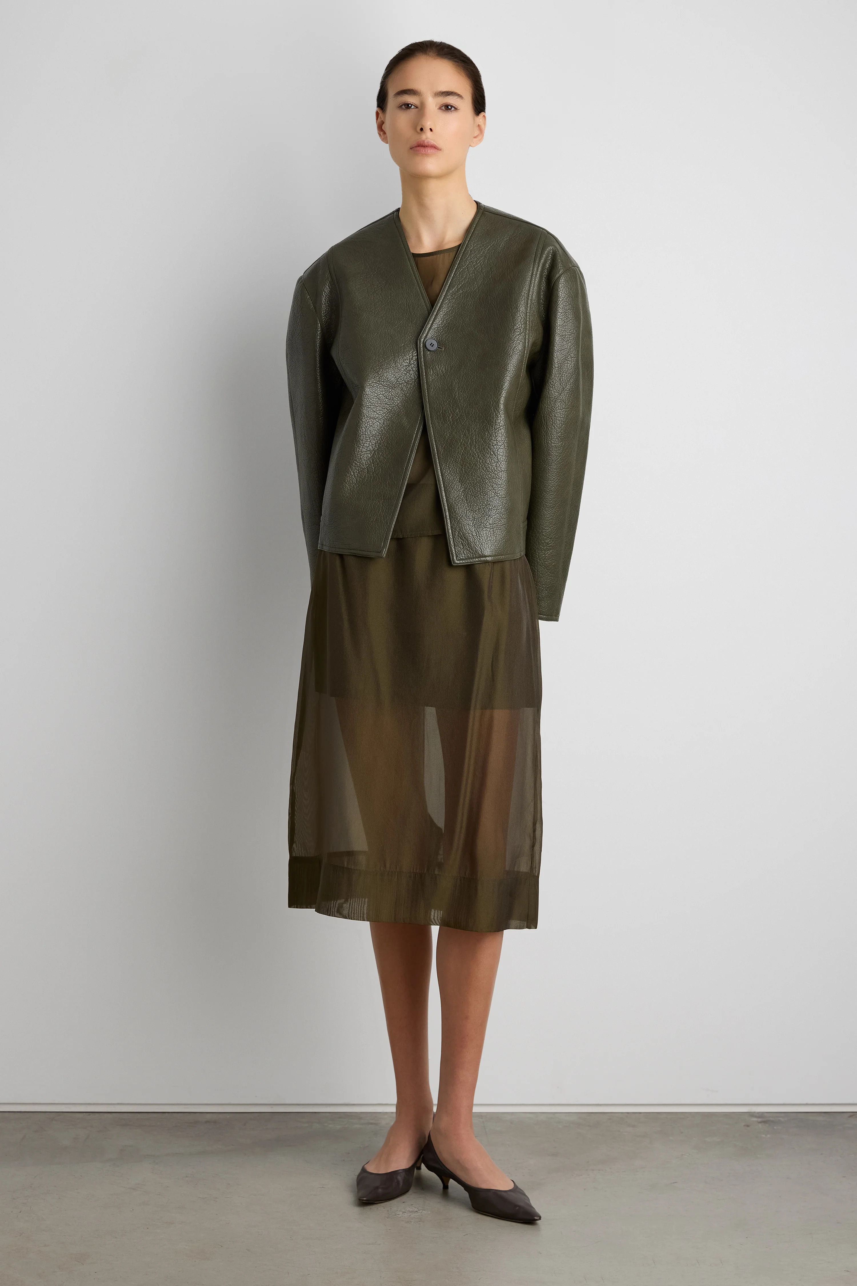 COLLARLESS VEGAN LEATHER JACKET Olive / Small | OAK + FORT
