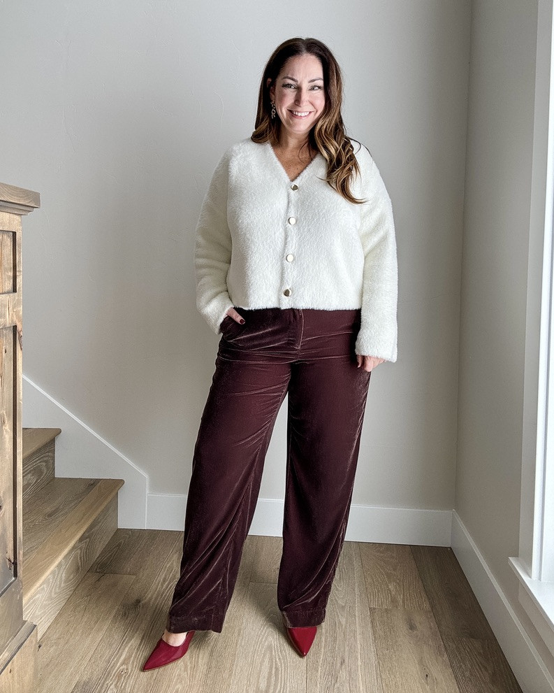 40% off sweaters at Target 

Holiday Outfit with brown velvet pants and a cream fuzzy cardigan ~ Wearing L in sweater and Pants, size up, wearing 14 

 

#LTKMidsize #LTKSaleAlert #LTKCyberWeek
