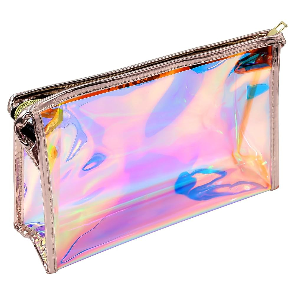 Clear Iridescent Holographic Makeup Bag, Thick PVC Small Clear Toiletry Bag for Travel, Waterproo... | Amazon (US)