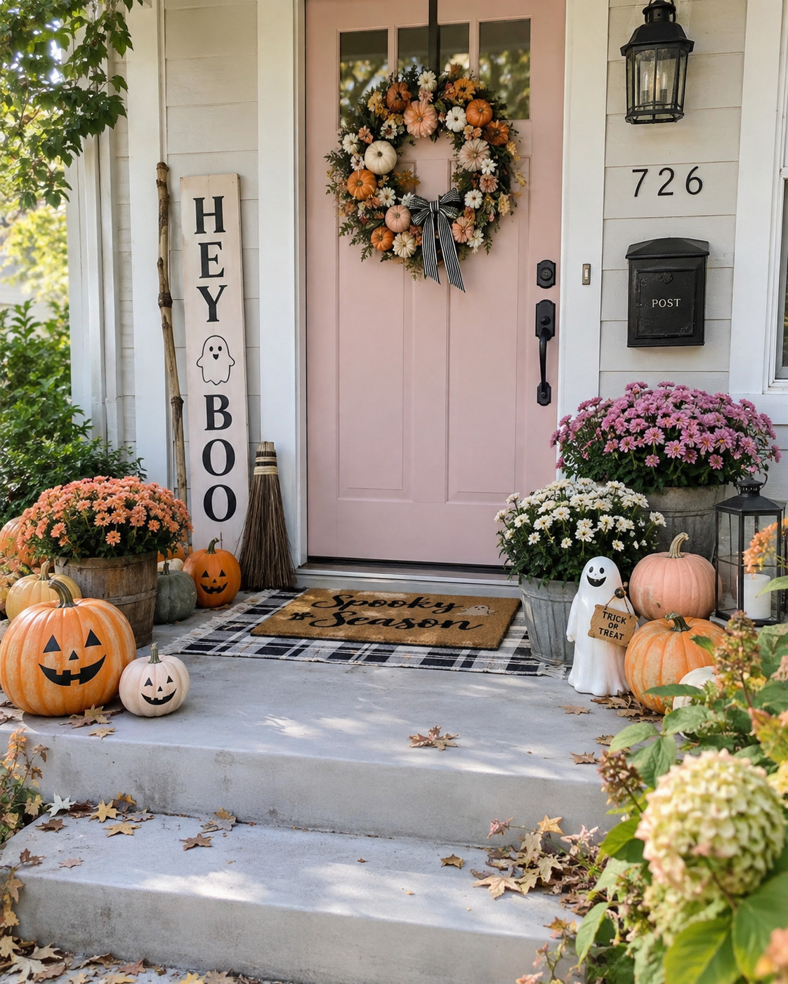 Obsessed with this cute daytime Halloween porch 🎃👻 The soft pumpkins, pretty mums, little ghost accents, and pastel front door make it feel fun, fresh, and still totally festive. Perfect inspo if you love Halloween decor that’s more cute than scary. 🤍🧡

#CuteHalloweenDecor #HalloweenPorch #HalloweenDecorIdeas #SpookySeasonDecor #FallFrontPorch #PumpkinPorch #HalloweenHomeDecor #FallDecorIdeas #CuteSpookyDecor #PorchDecor #AutumnPorch #HalloweenInspiration 

 #LTKSeasonal #LTKHome #LTKSaleAlert