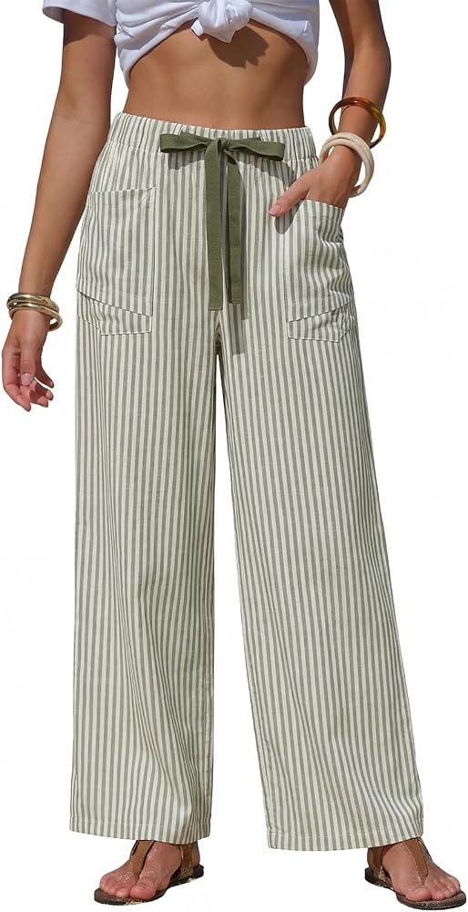EXLURA Womens Summer Striped Pants Faux Linen Comfy Drawstring Wide Leg Pants Pockets Resort Beac... | Amazon (US)