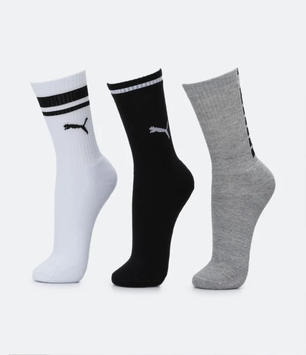 Kit 03 Meias Cano Alto Esportiva em Algodão Puma Cinza/ Preto/ Branco - Lojas Renner | Renner (BR)