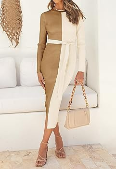 ZESICA Women's 2023 Fall Ribbed Knit Sweater Dress Elegant Long Sleeve Crewneck Tie Waist Slim Fi... | Amazon (US)