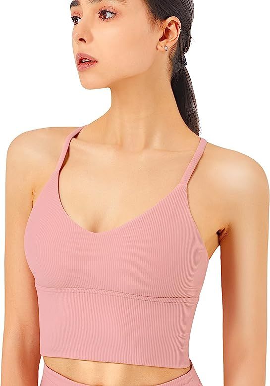 SIGNEALA V Neck Longline Sports Bras for Women Spaghetti Straps Padded Yoga Bra Crisscross Strappy C | Amazon (US)