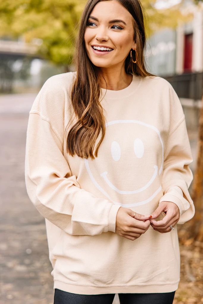 Keep Smiling Natural Corded Sweatshirt | The Mint Julep Boutique