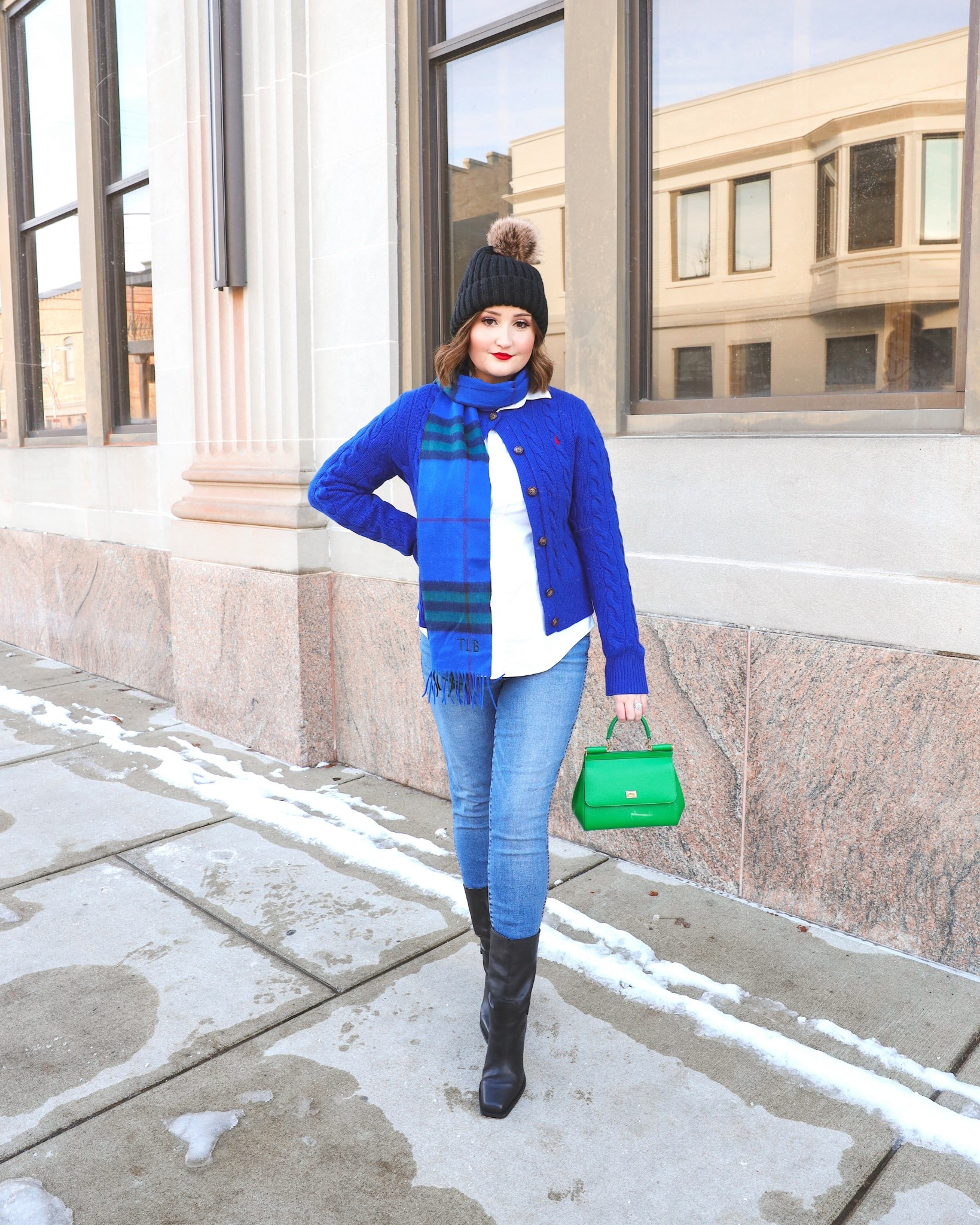 Blue and green winter look 💙💚 love a good cashmere cardigan from Ralph Lauren 

#LTKSeasonal #LTKootd