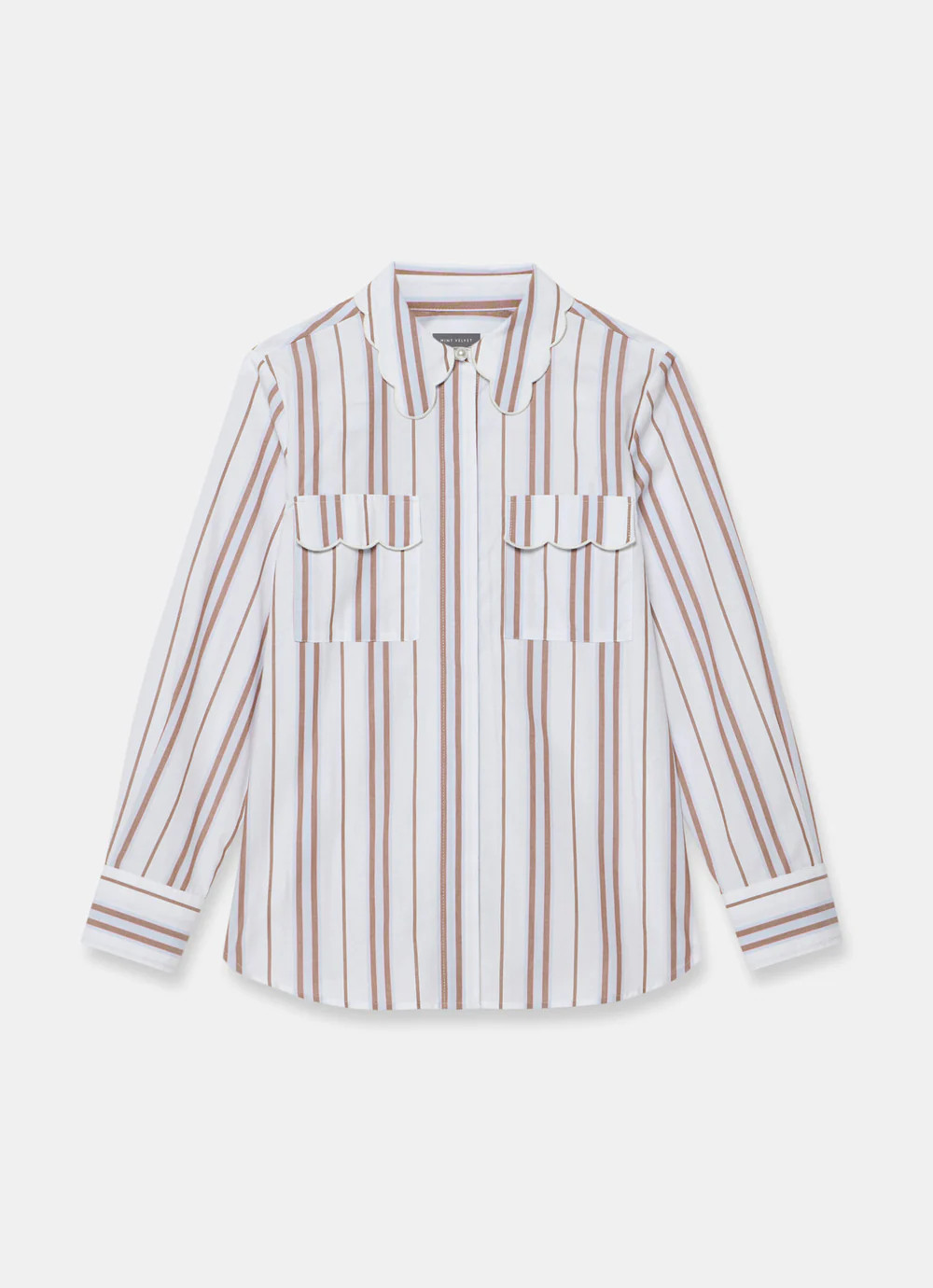 Brown Striped Cotton Scallop Detail Shirt | Mint Velvet