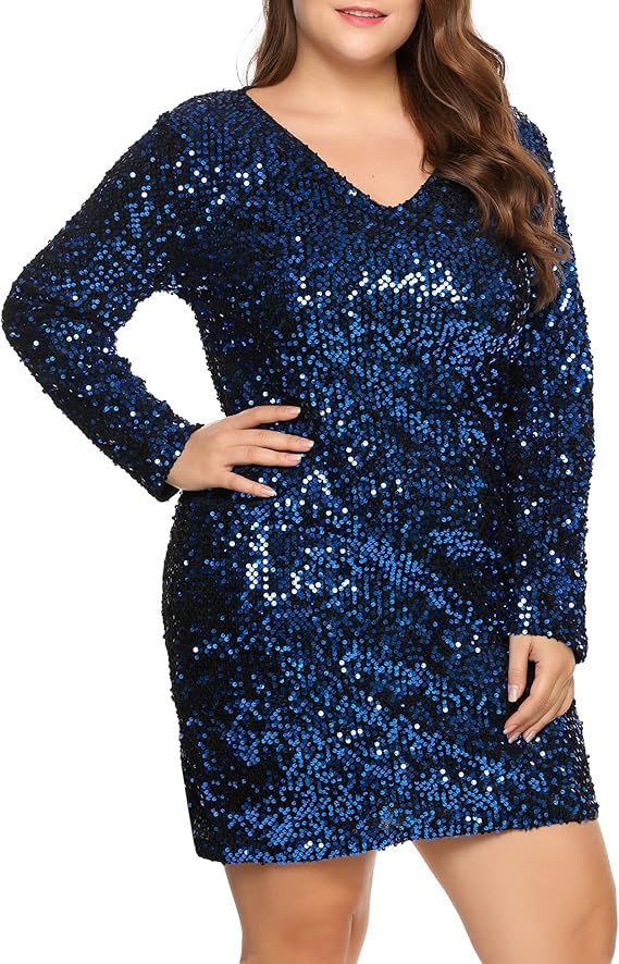 IN'VOLAND Womens Sequin Dress Plus Size V Neck Party Cocktail Sparkle Glitter Evening Stretchy Mi... | Amazon (US)