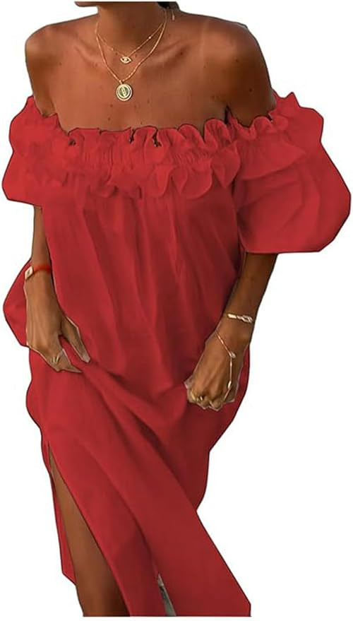 Womens Sexy Off Shoulder Dress Casual Loose Short Sleeve High Waist Side Split Flowy A Line Long ... | Amazon (US)
