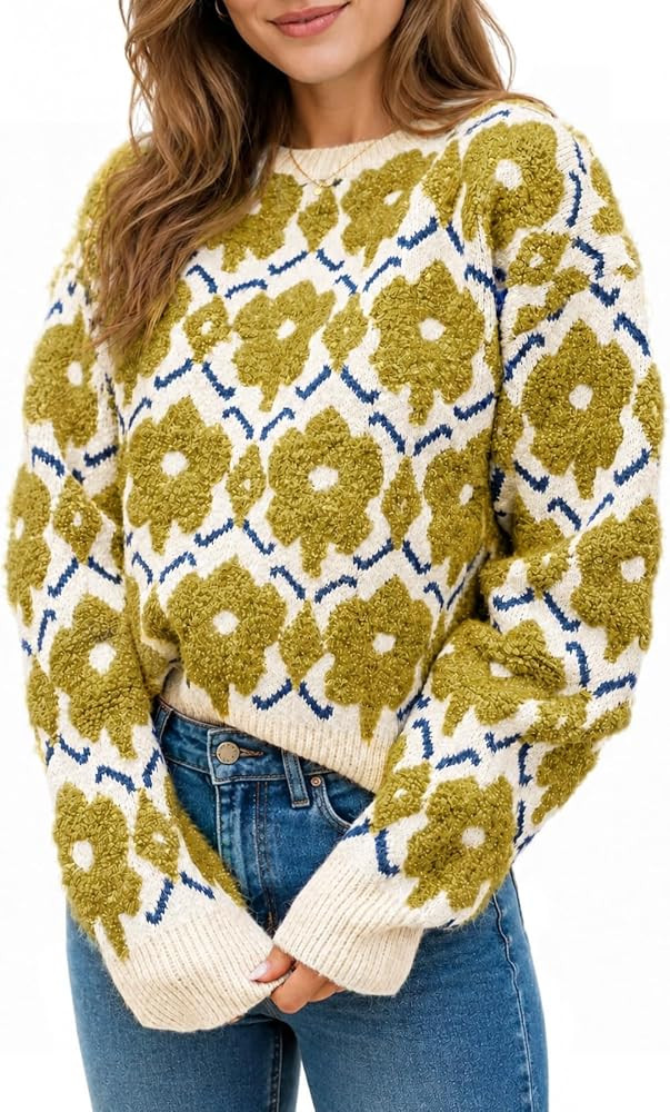 Saodimallsu Womens Floral Sweater Crewneck Long Sleeve Oversized Knit Casual Cute Fall Winter Pul... | Amazon (US)
