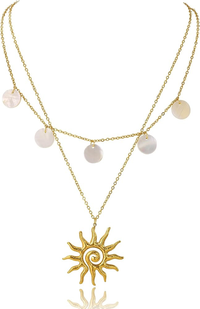 Gold Necklace for Women, Dainty 14K Gold Plated Layered Sun Pendant Necklace Gold Charm Chocker J... | Amazon (US)