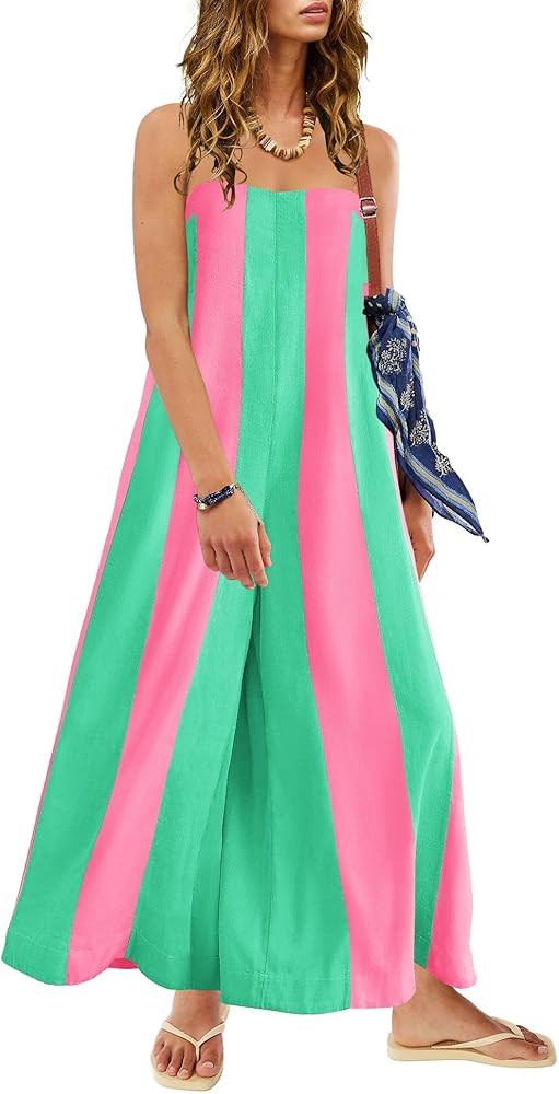 ReachMe Womens One Piece Fall Jumpsuits Strapless Tube Wide Leg Pants Striped Romper with Pockets... | Amazon (US)