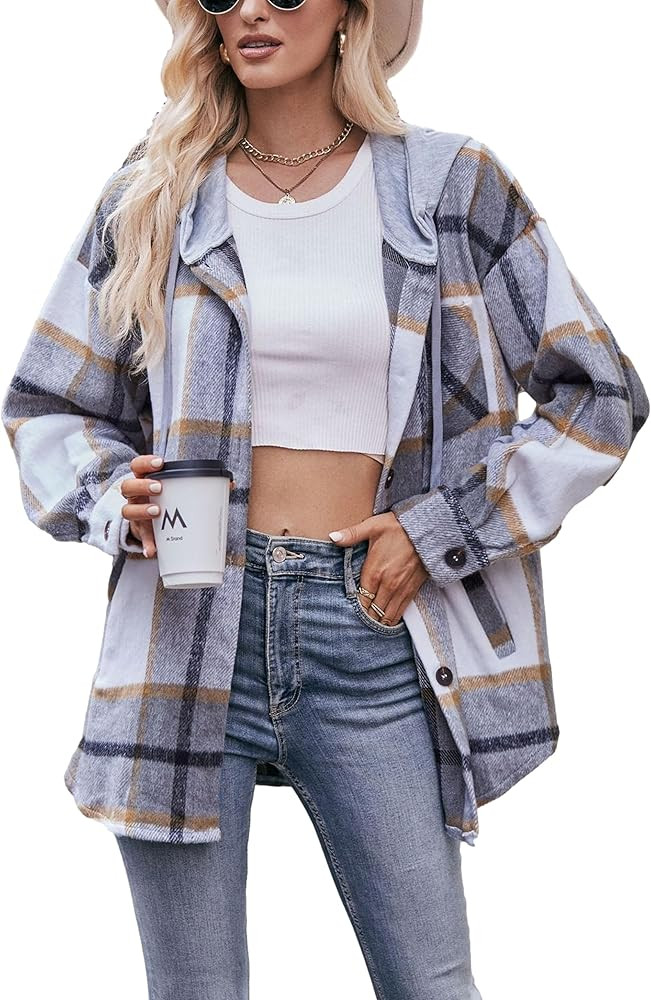Mingzhu Womens Flannel Plaid Hoodie Jacket Shacket Oversized Button Down Coat | Amazon (US)