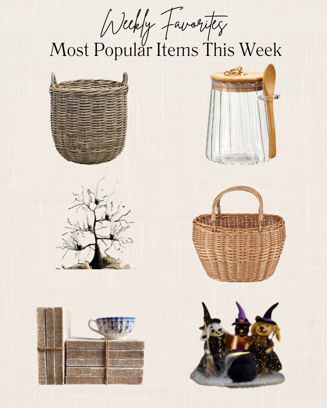Weekly favorites for the week!  A couple of Halloween decorations made the list- an adorable critter witches around the cauldron decor item (perfect for a Halloween village) and a spooky Halloween tree.  Also on the list a wicker picnic basket, some faux books (perfect for shelf decor), a wicker storage basket, and a glass candy jar with scoop (perfect for Halloween candy or a great gift idea). 

 #LTKSeasonal #LTKOver40 #LTKHome