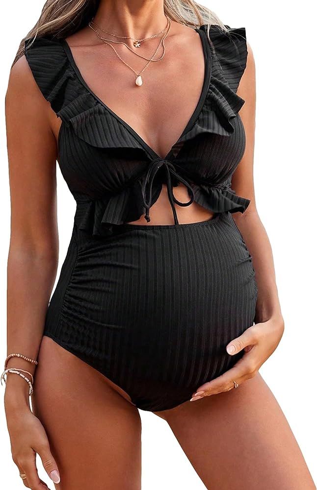 MakeMeChic Women's Maternity Bikini Sets Bathing Suit Cut Out Backless Ruffle V Neck Pregnancy Sw... | Amazon (US)