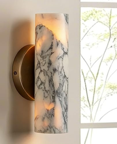 ALABABATA Nordic Style Marble Wall Sconce, 9.4" Cylinder Alabaster Wall Sconces with Natural Marble Lamp Shade & Metal Base Travertine Wall Lights Fixture for Bedroom Living Room Up and Down Light | Amazon (US)