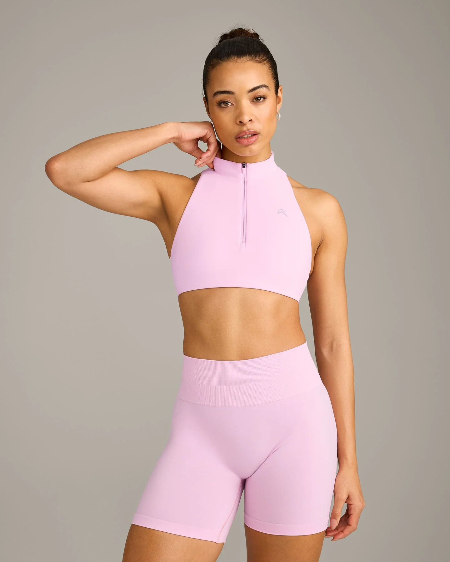 EasyLift™ Zip High Neck Sports Bra with Grey Logo 
 Chalk Pink | Oner Active (UK / US)