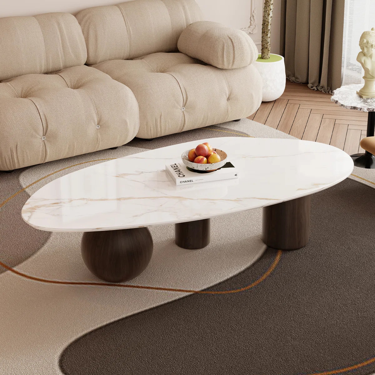 Faux Marble Modern White Coffee Table Three Legs Solid Wood Special Shape for Living Room | Wayfair North America