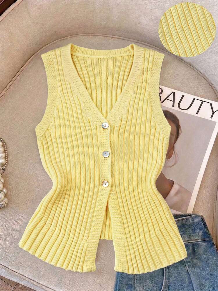 SHEIN Franclia Women Summer Pale Yellow Knitted Vest,Autumn Casual School Back-To-School V-Neck S... | SHEIN
