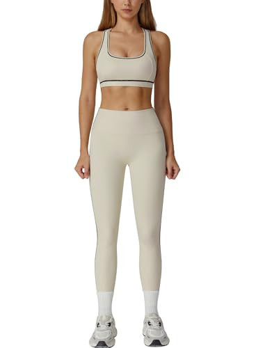 ABOCIW Workout Sets for Women Contrast trim Sports Bra Racerback Sports Bra High Waist Leggings Gym Sets 2 Piece Yoga Pilates Outfits Athletic Work Out Clothes Beige Small | Amazon (US)