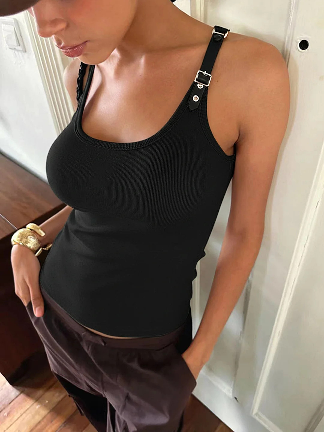 Ribbed Stretchy Faux Leather Buckle Vintage Tank Top | Commense