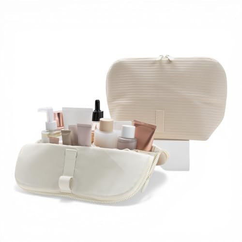 THE VERTI-Vertical Waterproof Makeup & Toiletry Bag | 23-Pocket Organizer with Upright, Fold-Down Design for Skincare, Toiletries & Essentials (Shell, Medium) | Amazon (US)