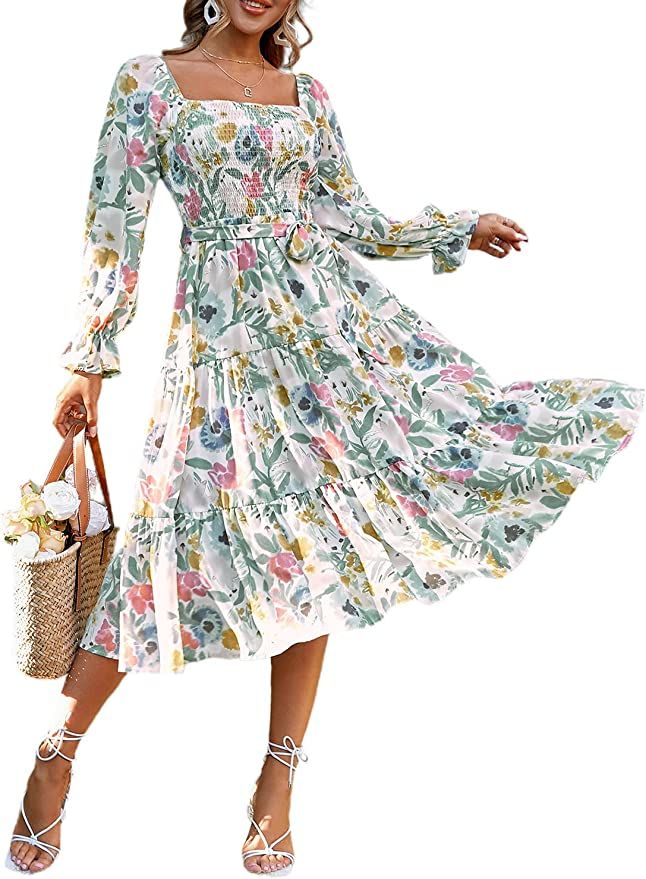 Amegoya Women's Boho Flowy Long Sleeve Square Neck Maxi Dress Floral Ruffle Smocked Tiered Long D... | Amazon (US)