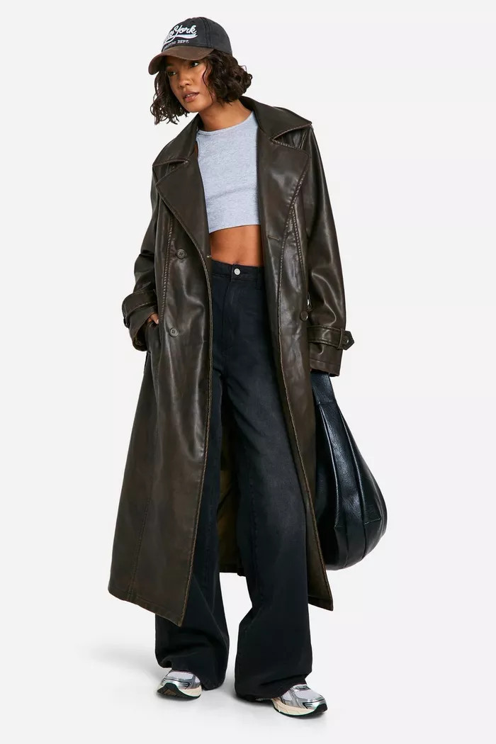 Tall Vintage Look Faux Leather Trench Coat | boohoo (US & Canada)