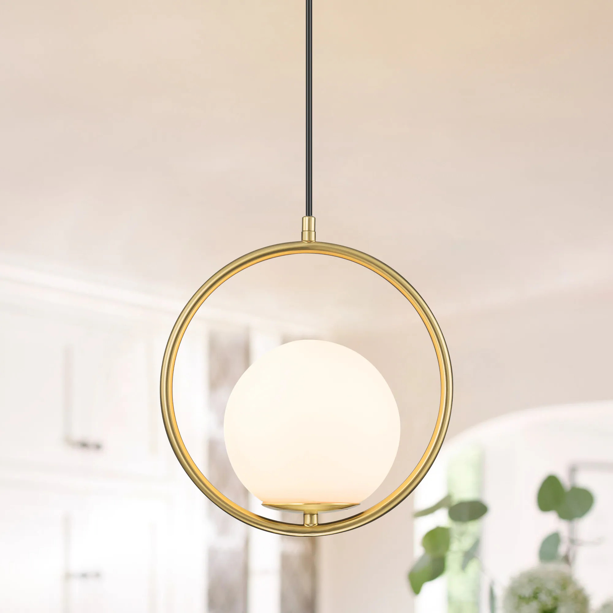 Rennnsan Roy 1 -Light Brushed Gold Mid-century Opal glass Globe Small Hanging Pendant Light | PL810106078 | Lowe's