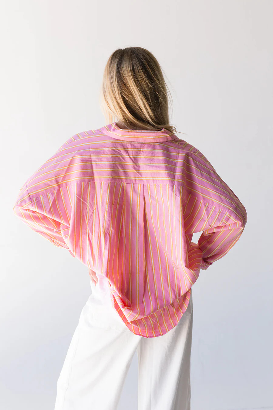Izzy Striped Button Down Top - Pink/Orange Thick Striped | Fancyd Boutiqe