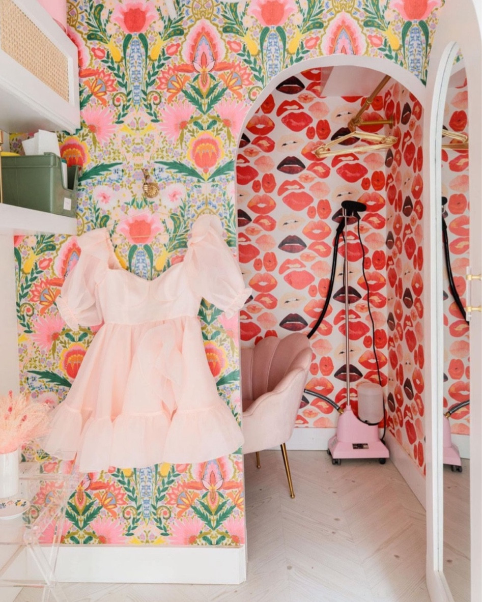 Mixing wallpaper girly dressing room colorful closet design vanity makeup area 

#LTKHome