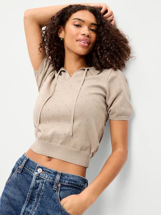 Tie-Front Seaside Cotton Pointelle Cropped Polo | Old Navy (US)