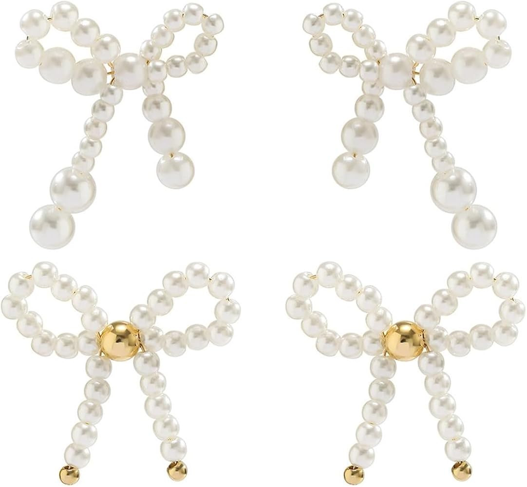 2 Pairs Pearl Bow Earrings for Women Dainty Bow Pearl Earrings Elegant Pearl Ribbon Bow Knot Earr... | Amazon (US)