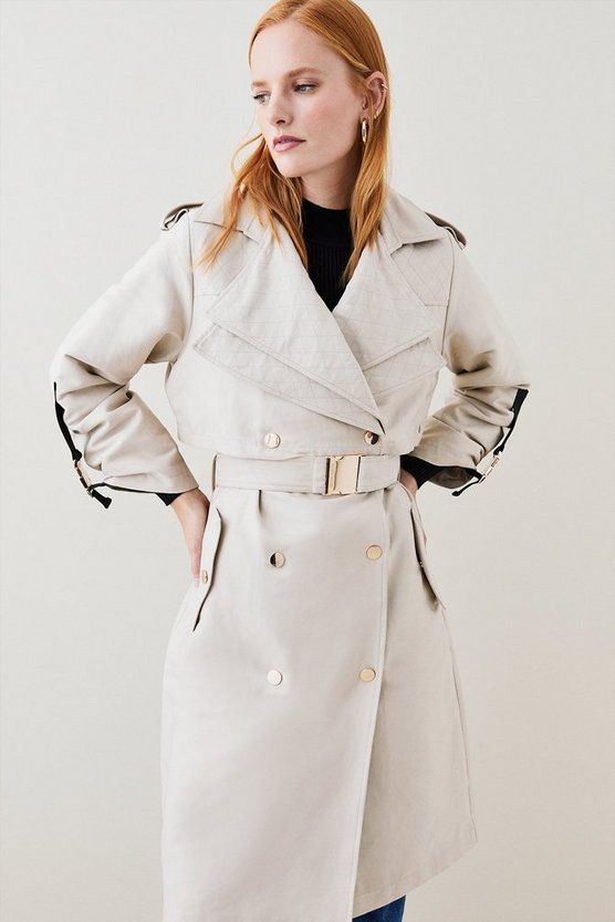 Cotton Sateen Layered Trench Coat | Karen Millen US