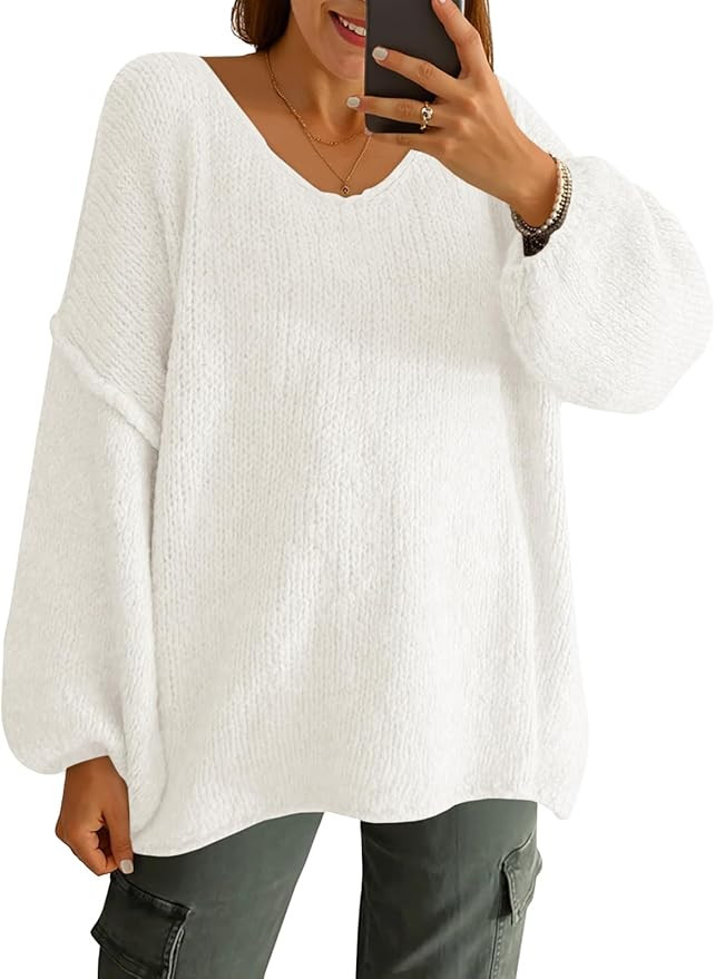 Saodimallsu Womens Oversized V Neck Sweaters Chunky Knit Lantern Long Sleeve Fall Winter Slouchy ... | Amazon (US)
