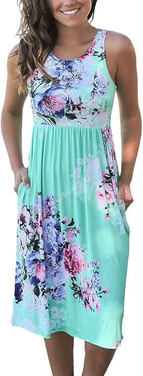 OURS Women Summer Sleeveless Floral Print Racerback Midi Sun Dresses with Pocket | Amazon (US)